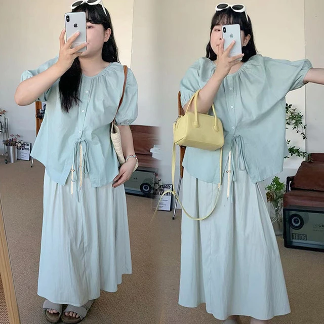 全棉时代孕妇装夏装套装2025新款韩系泡泡袖衬衫上衣抽绳半身裙夏