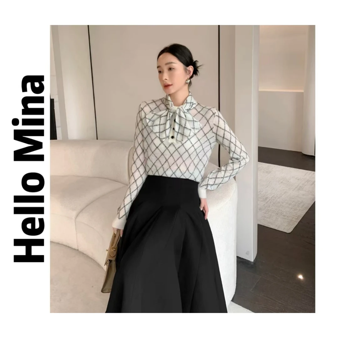 9879法式撞色菱格纹领结半开襟纽扣针织衫