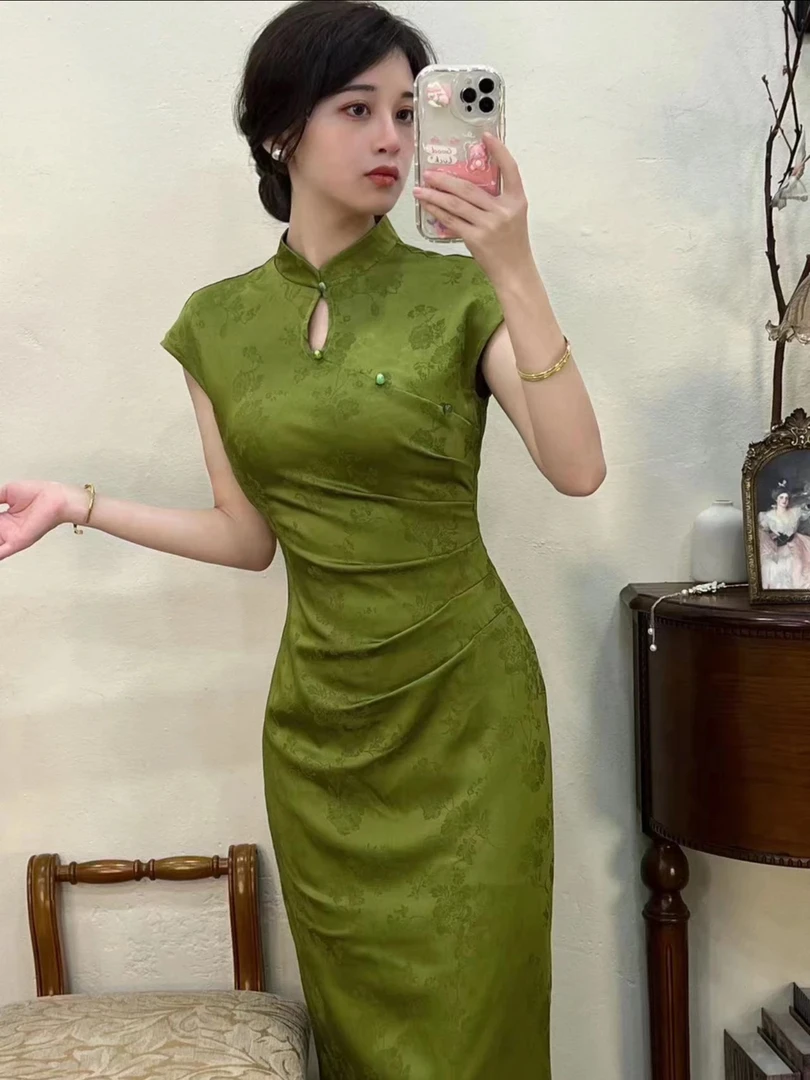 予溪自制【盛夏】复古新中式国风两色提花收腰显瘦旗袍连衣裙女夏季