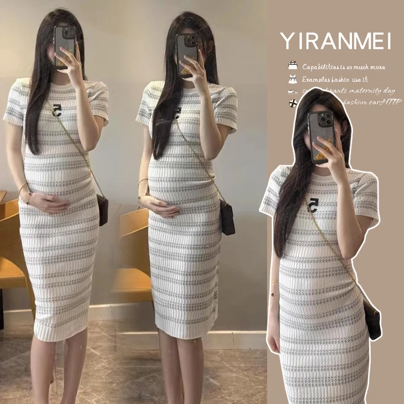 夏季新款名媛圆领短袖条纹裙修身显瘦包臀连衣裙