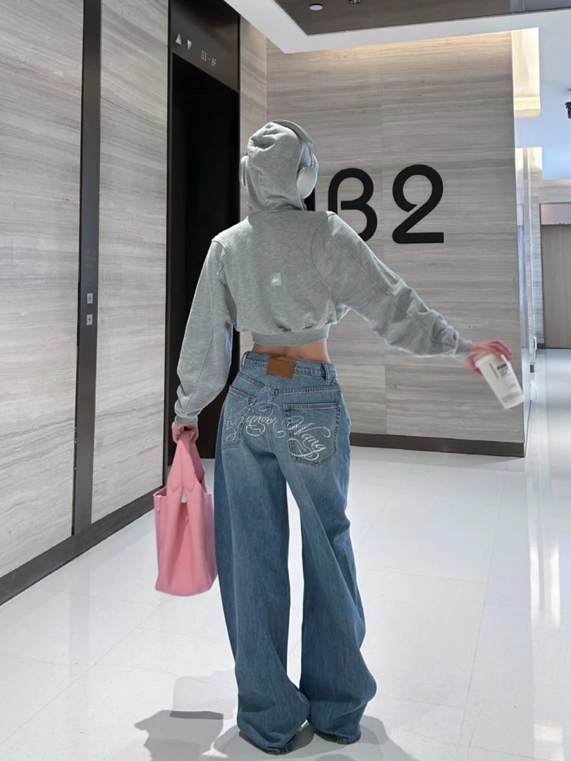 美式辣妹重工字母烫钻休闲牛仔裤子女复古小众设计感拖地阔腿长裤