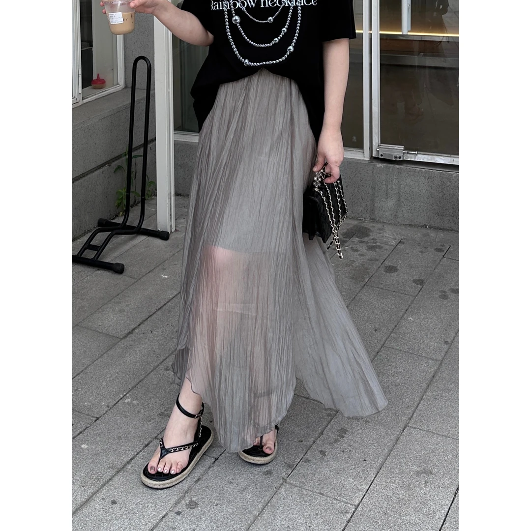 晶咕【如烟】春夏百搭高腰夏季中长款A字大摆网纱裙垂感半身裙