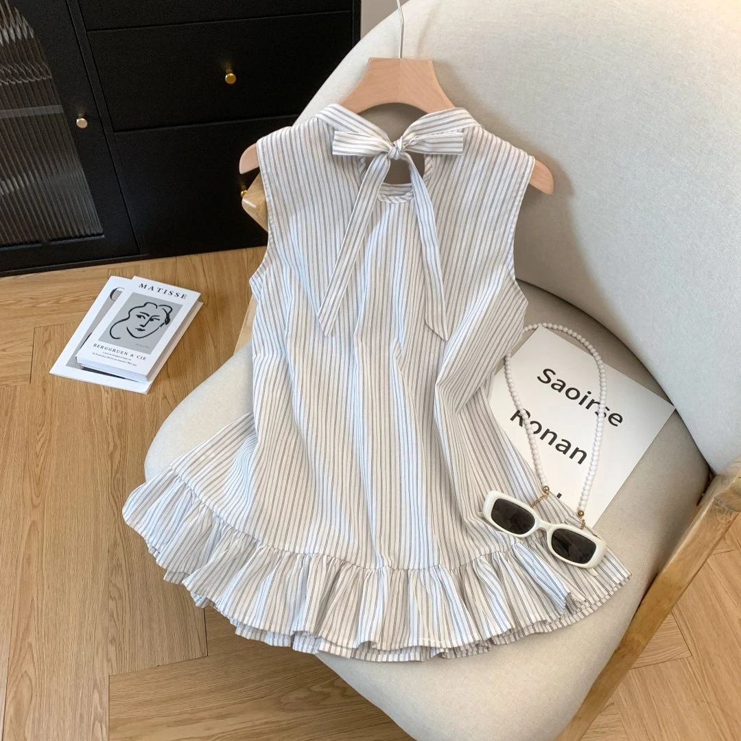 条纹无袖挂脖衬衫女2025夏新款蝴蝶结绑带木耳边裙摆宽松上衣女