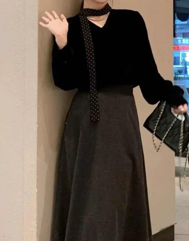 法式拼接波点飘带领丝绒衫女秋冬宽松显瘦打底衫 00885