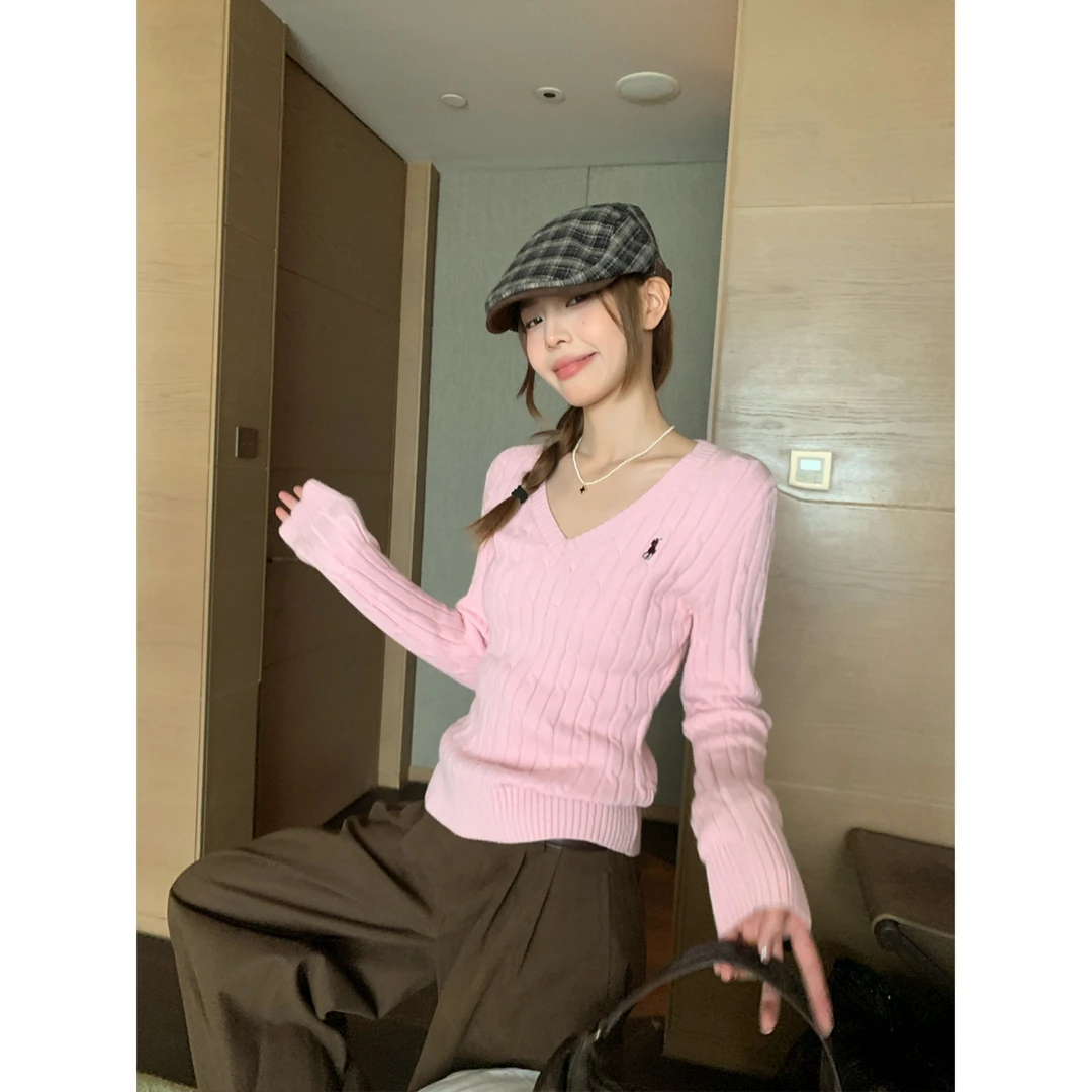 粉色v领长袖针织衫女秋季韩系巨好看韩系修身内搭毛衣设计感上衣