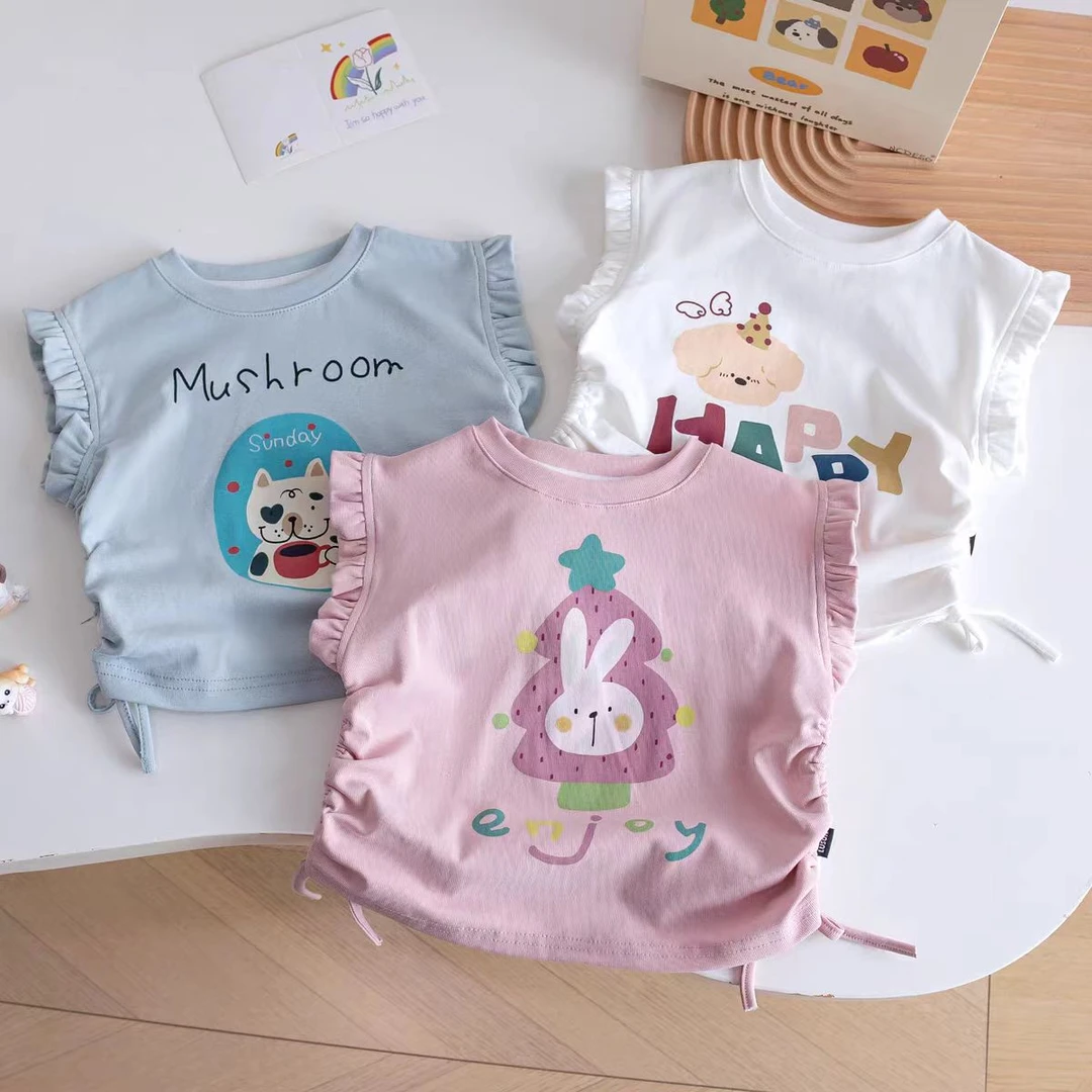 女童短袖t恤卡通印花2025夏装新款儿童女宝宝可爱抽绳小飞袖上衣