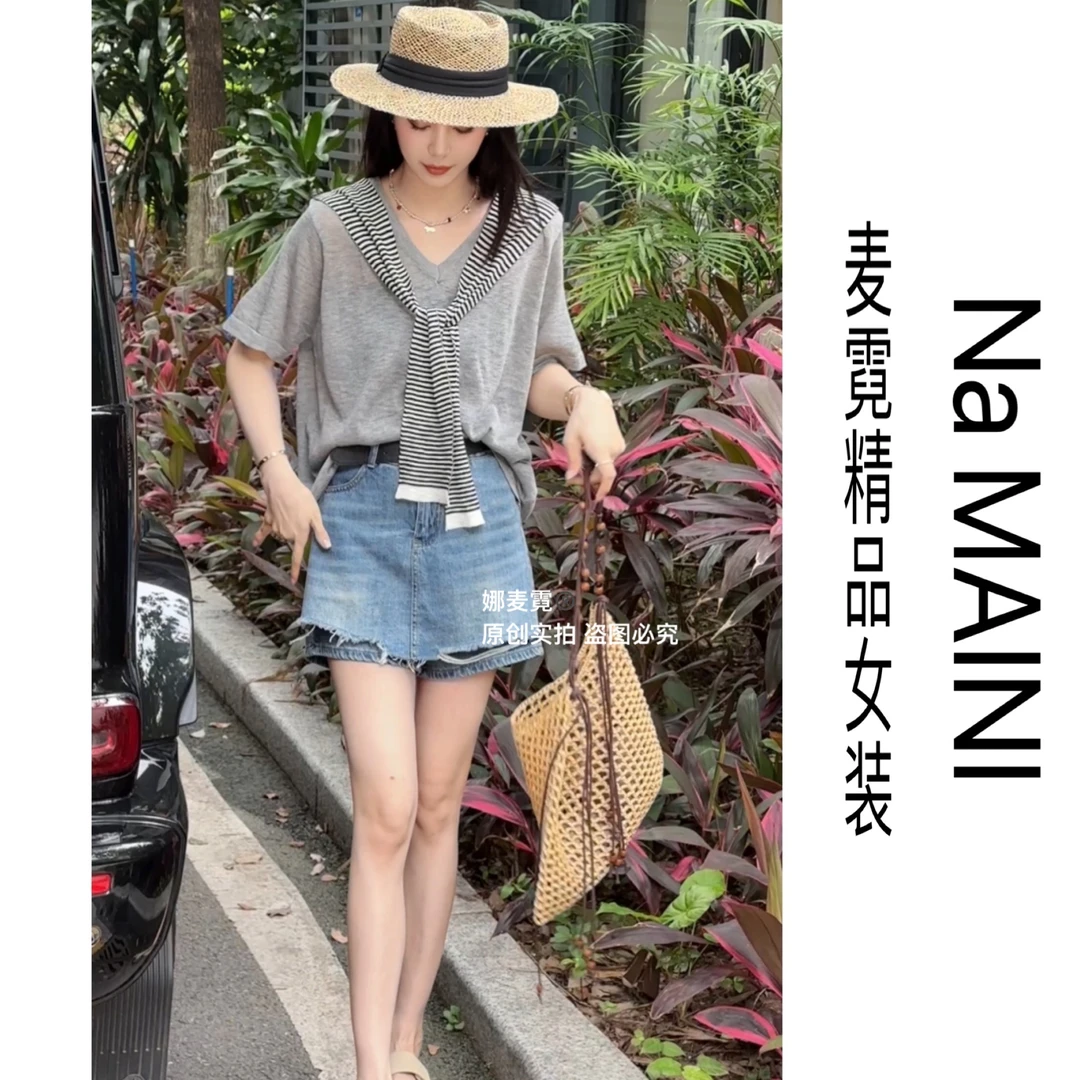 [麦霓严选]拼接条纹披肩假俩件短袖针织衫9471