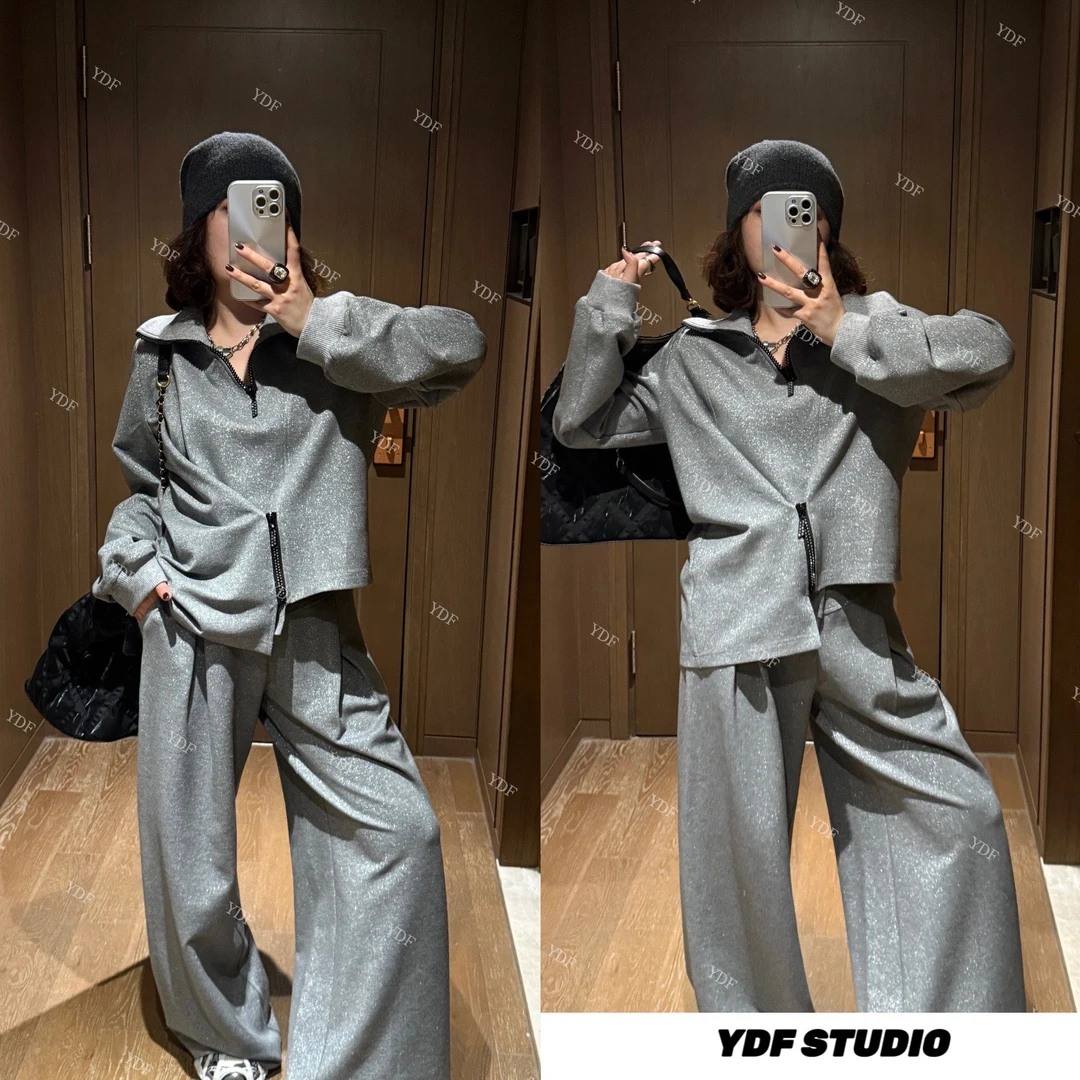 YDFSTUDIO小众【暖灰意调】欧货早秋不规则洒金设计上衣+裤子套装