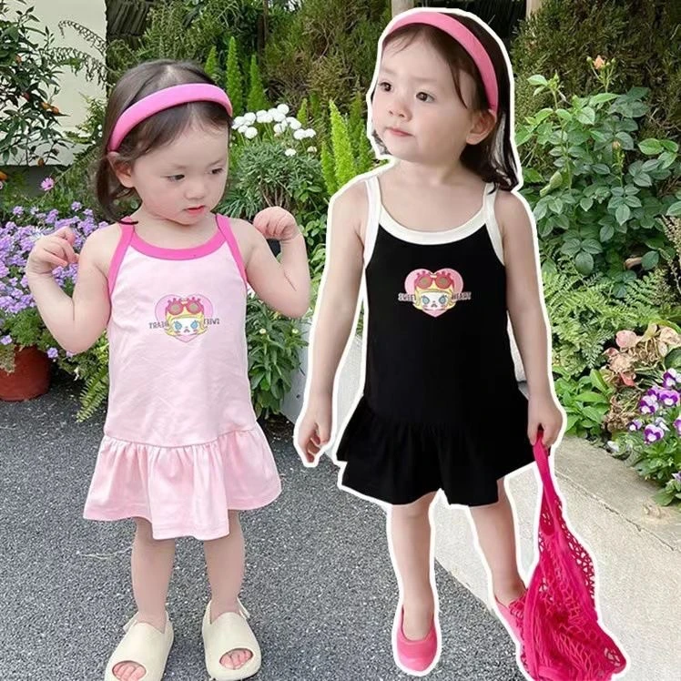 卡通动漫荷叶裙直筒裙连衣裙背心裙女宝小童幼儿外出服超萌炸街