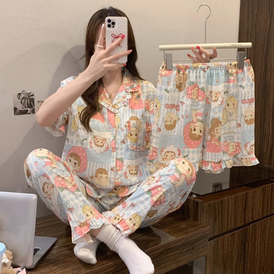 夏季新款卡通女孩短袖带杯垫三件套睡衣甜美可爱绵柔透气套装2115