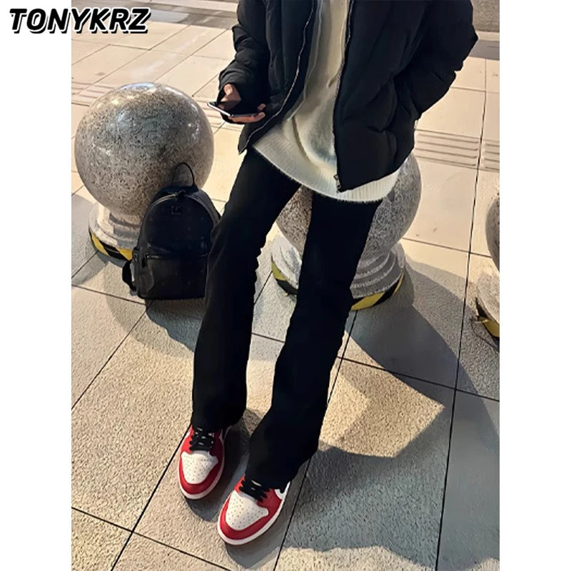 TONYKRZ美式微喇牛仔裤男款直筒百搭裤子提档修身显瘦黑色长裤ins
