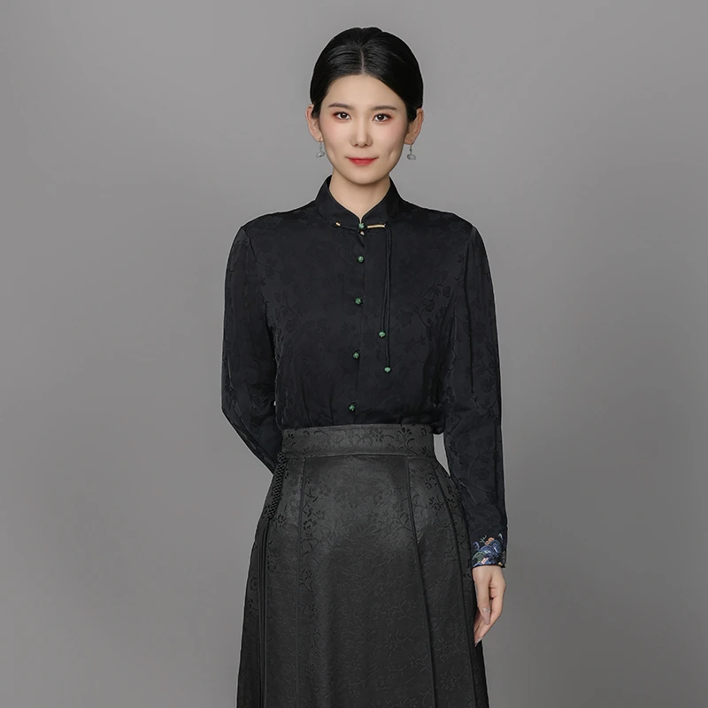 浒城古娘夏新中式衬衣黑色立领凤如意衬衫女外穿高级感-ACL181005