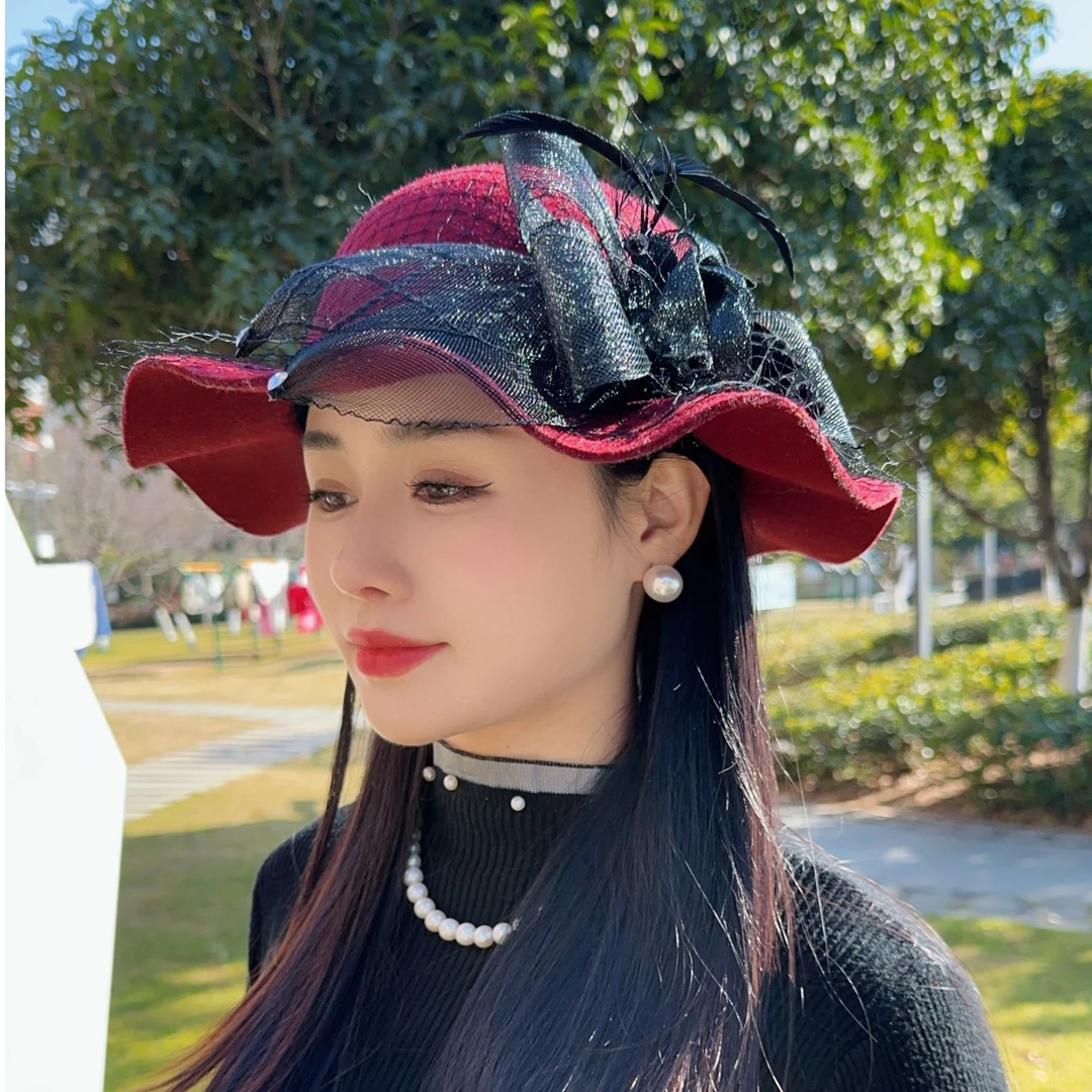 【果果家】帽子女2024新款时尚潮流安可拉红色礼帽百搭花朵网纱盆帽