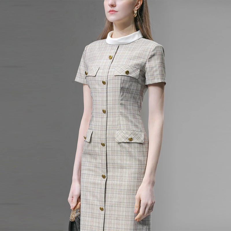 夏季新款法式复古半高领小香风裙子修身显瘦撞色格子连衣裙H35312