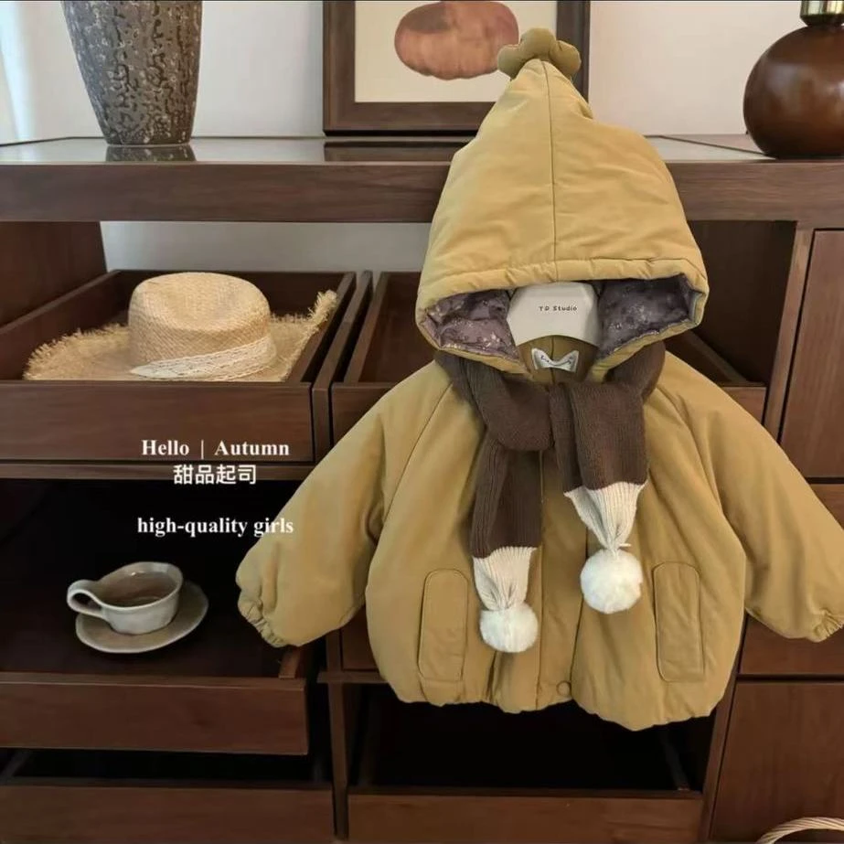 可爱暴击！女童加绒加厚连帽棉衣韩版宝宝防风大衣