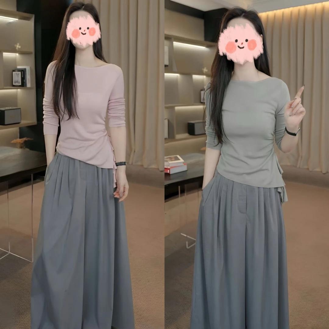 小众春季高级感女装2025欧若风一字领长袖针织衫百搭阔腿裤套装女