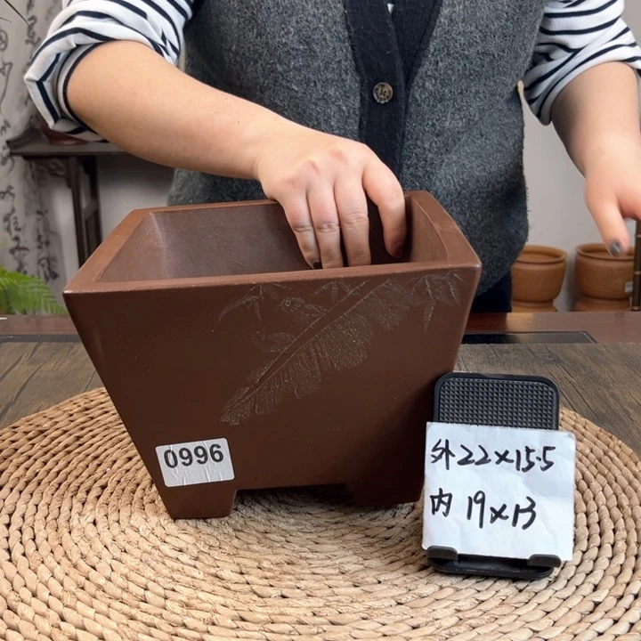 紫砂花盆紫泥芭蕉刻绘斗方0996