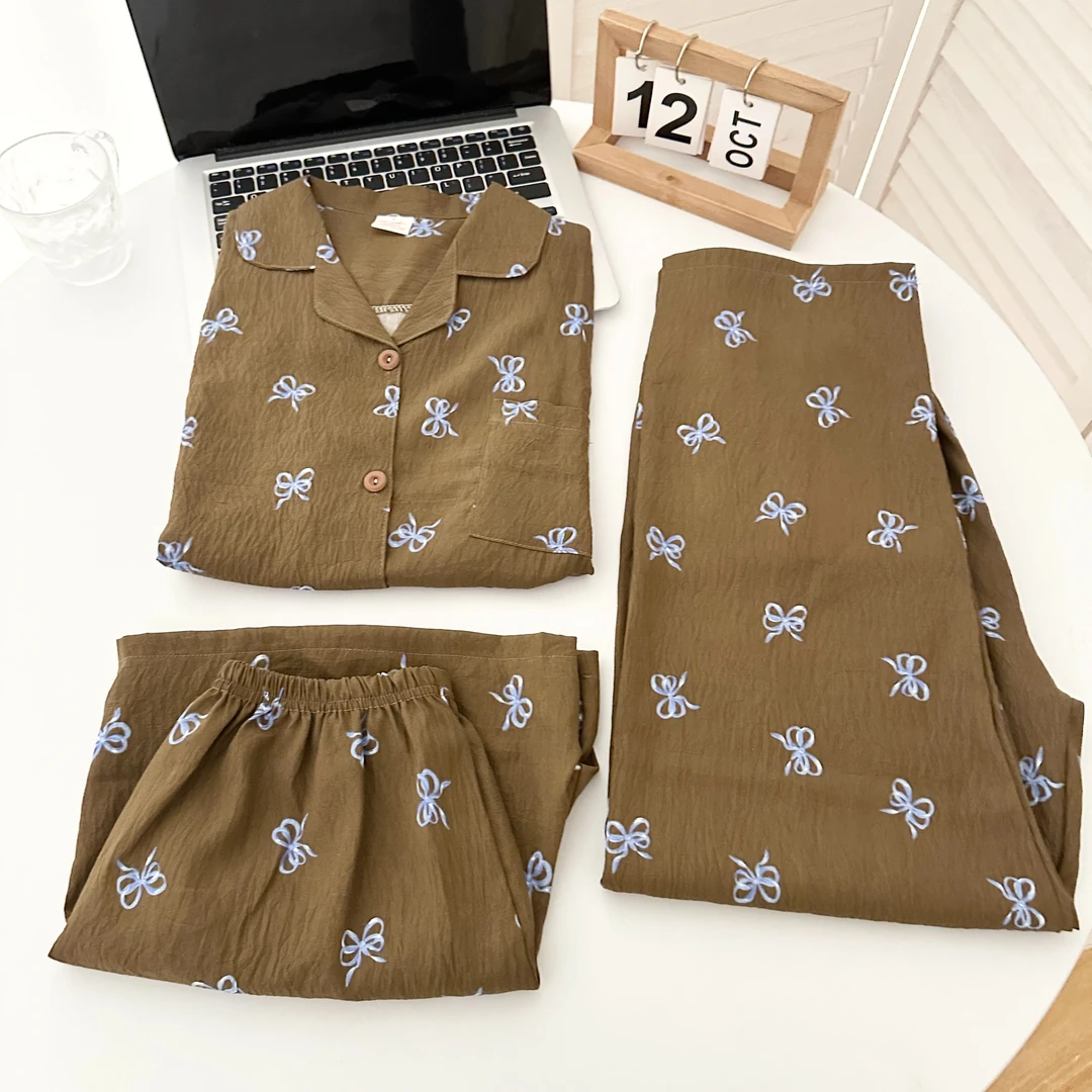 爆款冰蓝蝴蝶结睡衣云朵棉三件套夏季少女短袖短裤高级感居家服