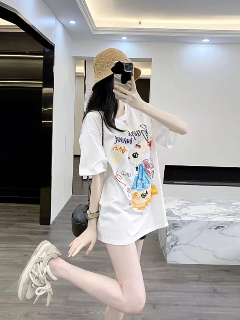 印花小众韩版短袖夏季ins休闲t恤中长款小兔子