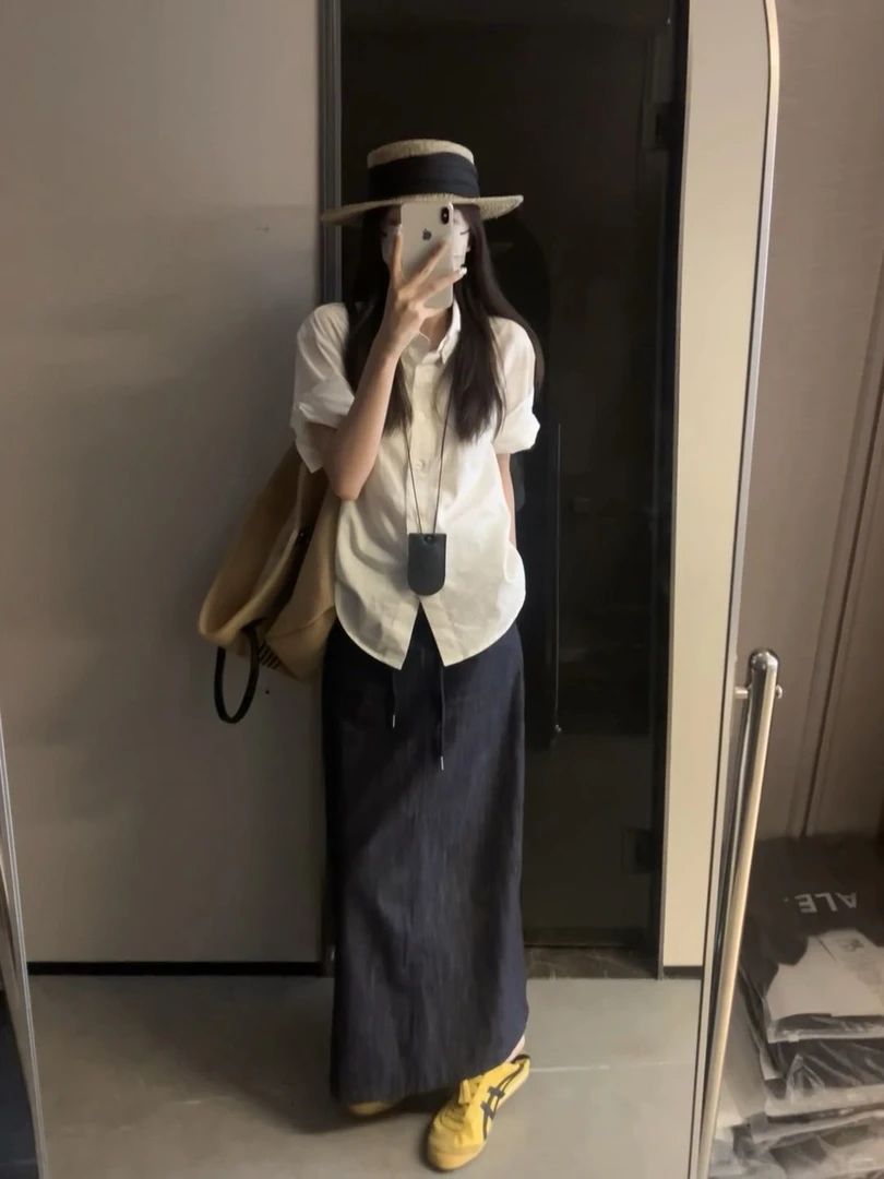 老钱风极简薄款棉麻牛仔半身裙女高级感气质百搭直筒裙