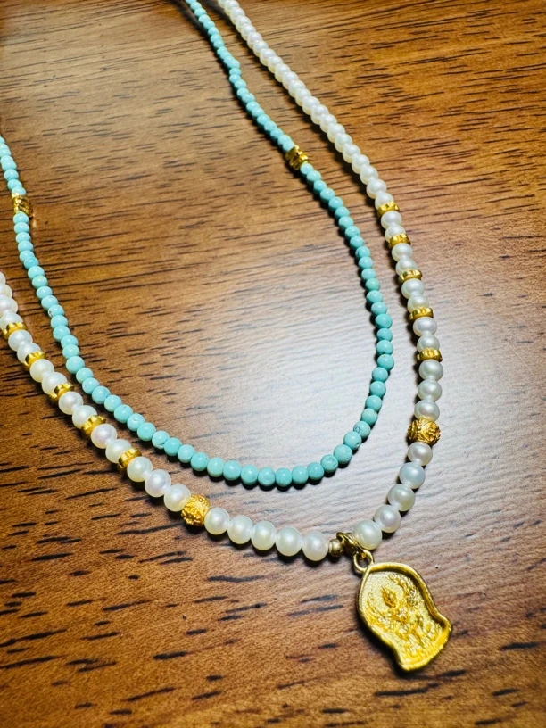 松石珍珠设计款叠链双层中古