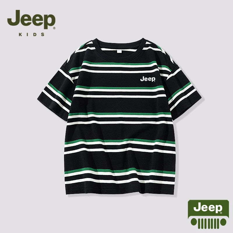 Jeep吉普童装男童短袖t恤2025新款青少年户外条纹宽松百搭夏装薄