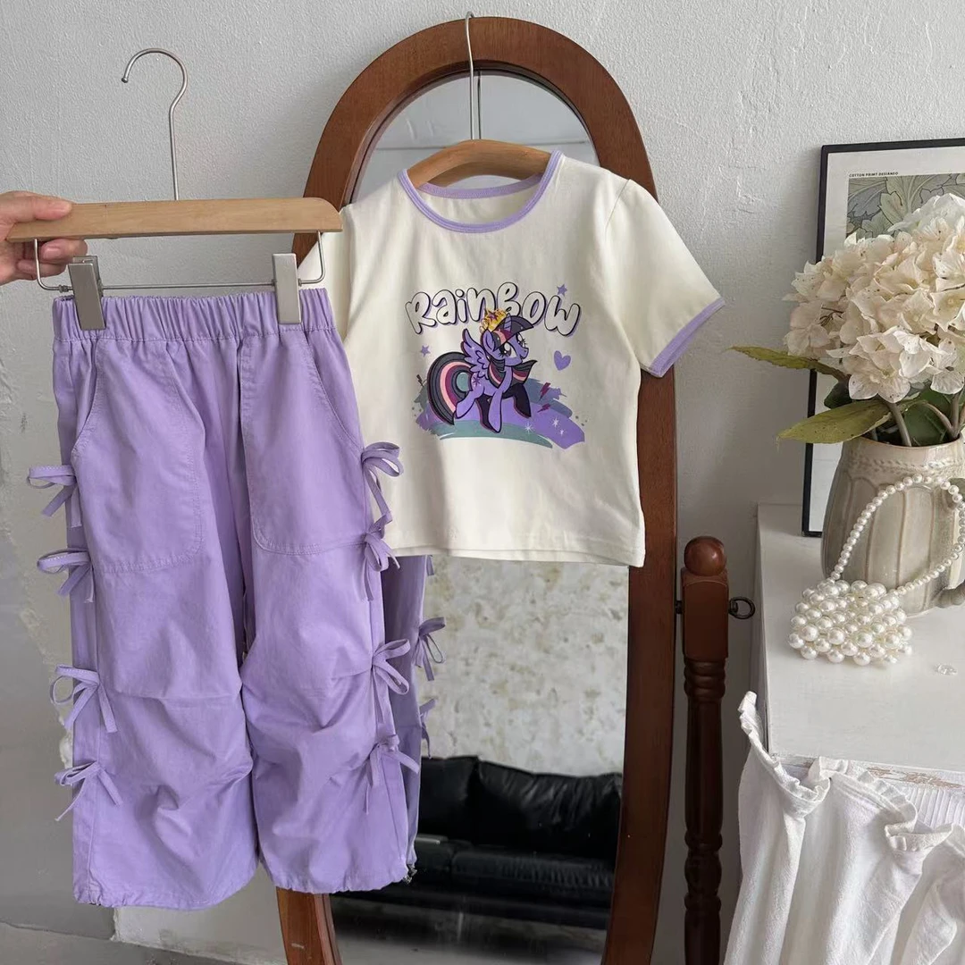 工装卡通动漫紫色童装休闲洋气女夏季套装套头粉色薄款AYJ250181