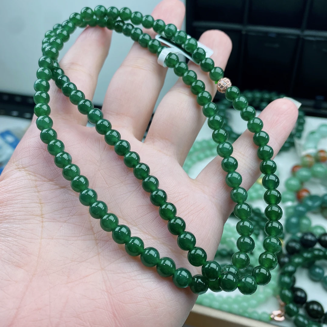 天然A货翡翠珠卡6m男女老坑满色冰绿天空蓝水小米108颗项链