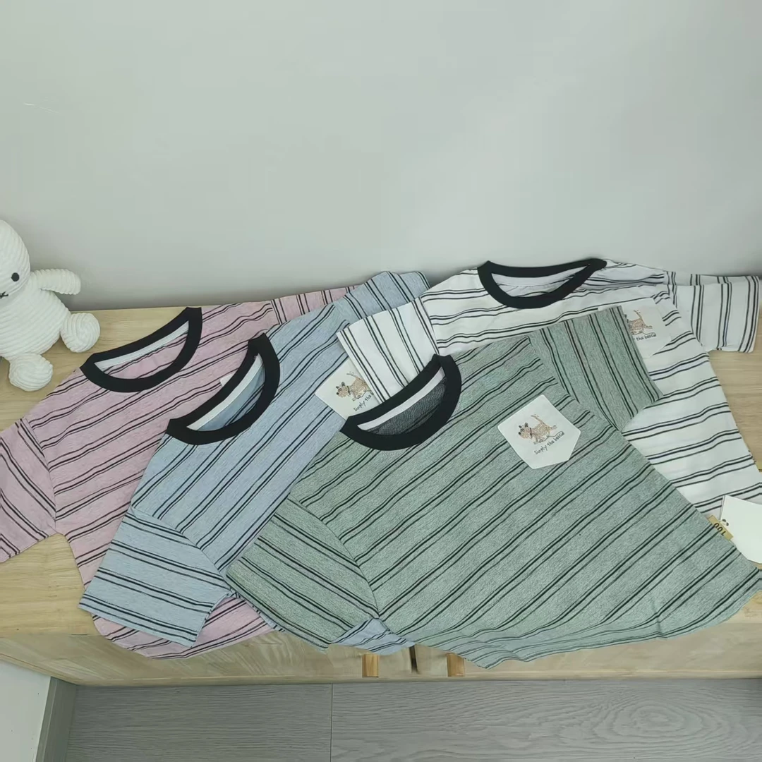 新款口袋小狗条纹短袖0320