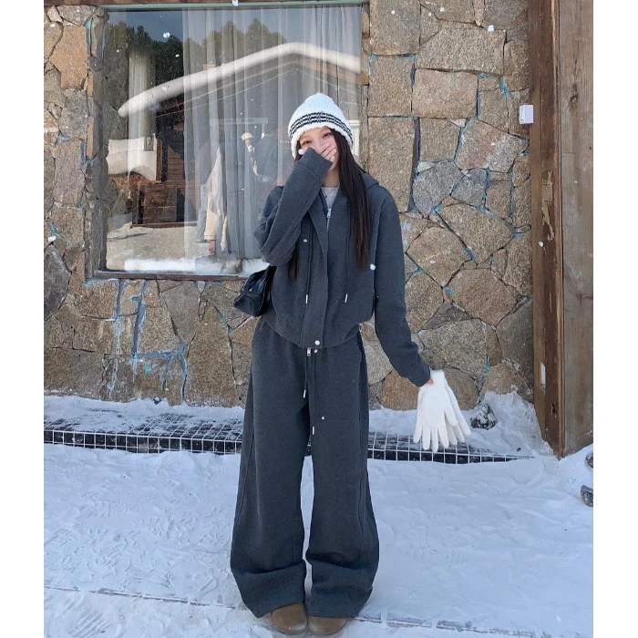 休闲套装深灰色加厚保暖连帽卫衣外套女秋冬高腰阔腿裤长裤两件套