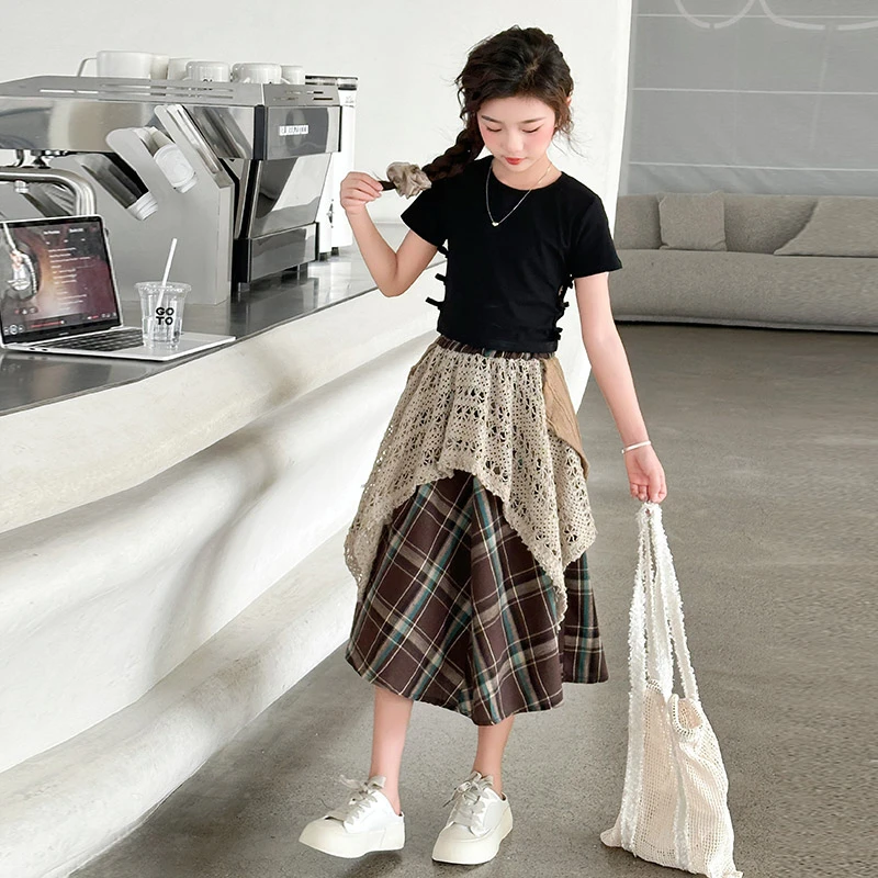 儿童裙子女款爆款2025新款女童夏天套装6-12岁潮款短袖格子废土风