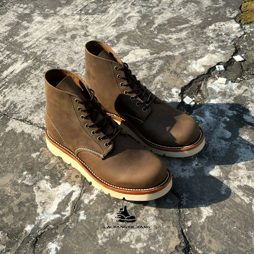 老方强推9111疯马皮方头工装鞋立体高边沿条双层真皮沿条复古男士