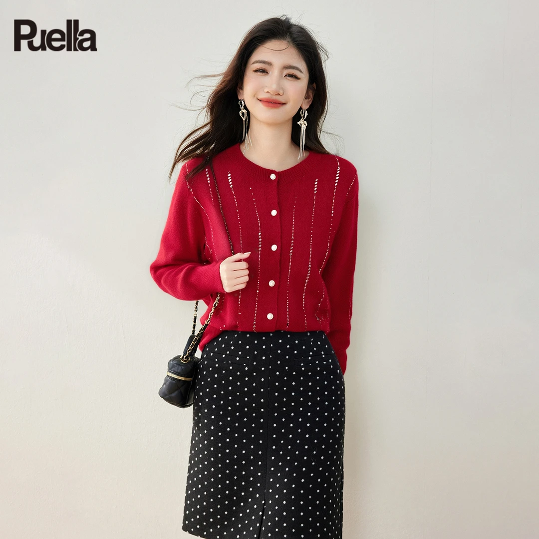 拉夏贝尔Puella名媛气质小香风针织衫时尚重工宽松钉珠小个子上衣