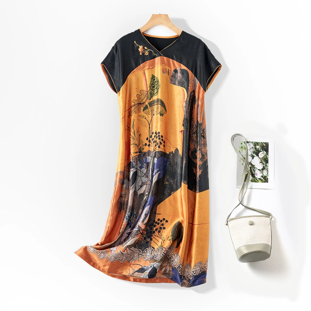 {都不上}100%桑蚕丝大码夏季国风刺绣短袖真丝宽松女装复古连衣裙