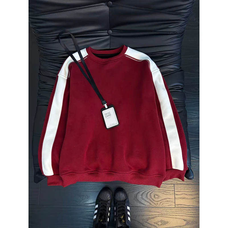 美式复古撞色拼接圆领卫衣男秋冬加绒加厚打底衫潮牌重磅情侣外套