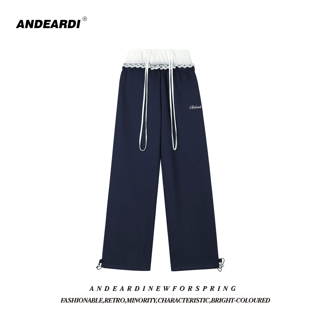 ANDEARDI 蕾丝撞色拼接卫裤女刺绣甜辣纯欲风休闲裤设计感长裤潮