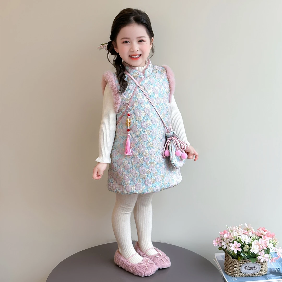 女童旗袍裙套装夹棉加厚儿童冬装女宝宝中式国风公主背心裙两件套