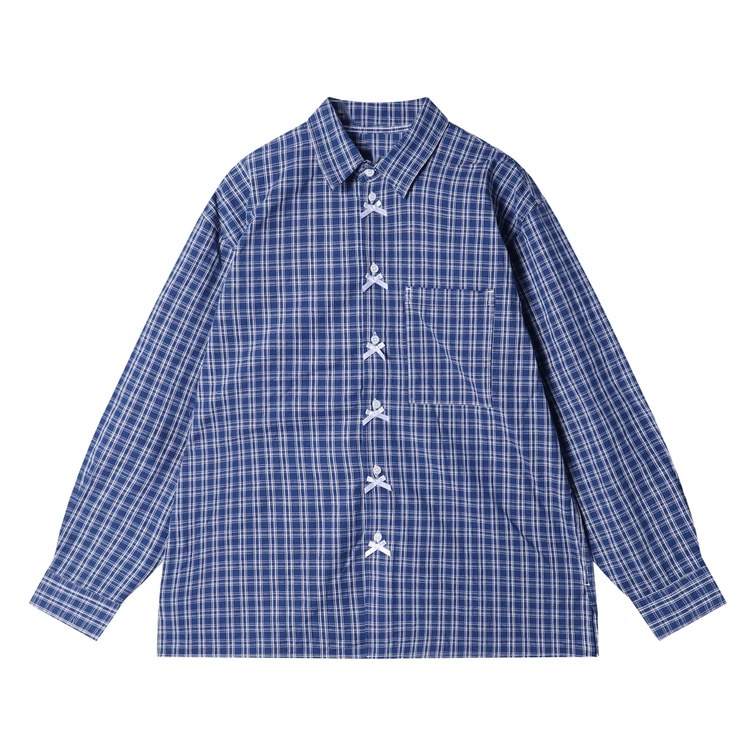 早春新款时尚个性美式复古格纹宽松蝴蝶结纽扣设计感长袖衬衫