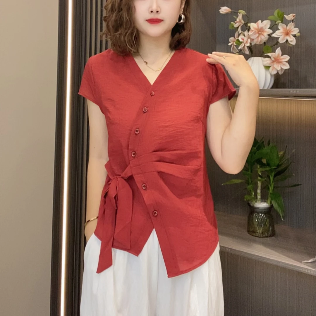 2025夏季气质时尚显瘦亲肤洋气女士V领短袖系绳上衣1001