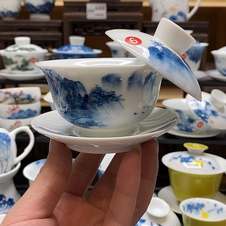 手绘微瑕山水盖碗