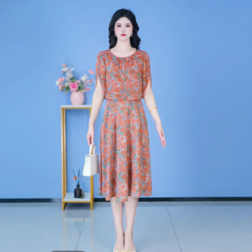 A0462新款夏季宽松遮肚中长款A字印花假两件连衣裙