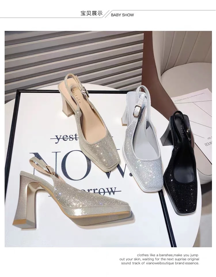 法式宝贝方根高跟鞋高跟鞋后空高跟鞋方头春夏气质时尚百搭女士