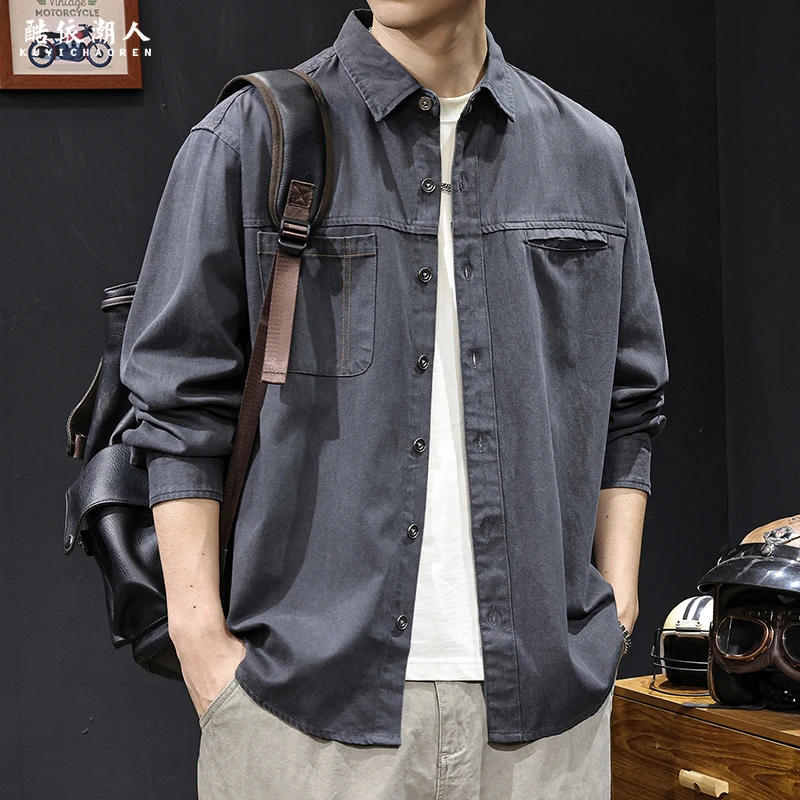 秋季2025新款日系休闲衬衫男士长袖美式高端潮牌大码衬衣春秋款