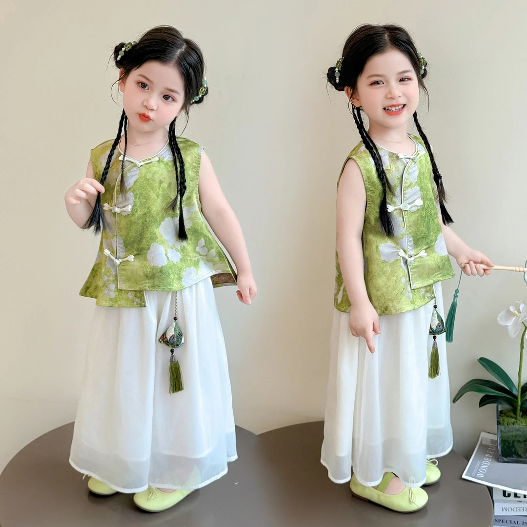 女童新中式无袖套装夏2025新款儿童国风马甲阔腿裤两件套宝宝汉服