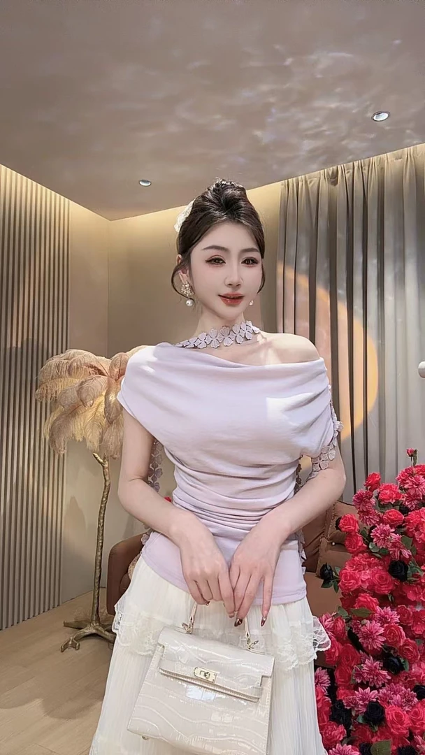 【美美专享】20037春夏新款法式优雅气质荡领飘带短袖T恤上衣女