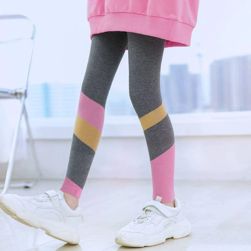 弹力修身撞色女童裤子针织打底裤春秋中大童儿童外穿运动舞蹈长裤