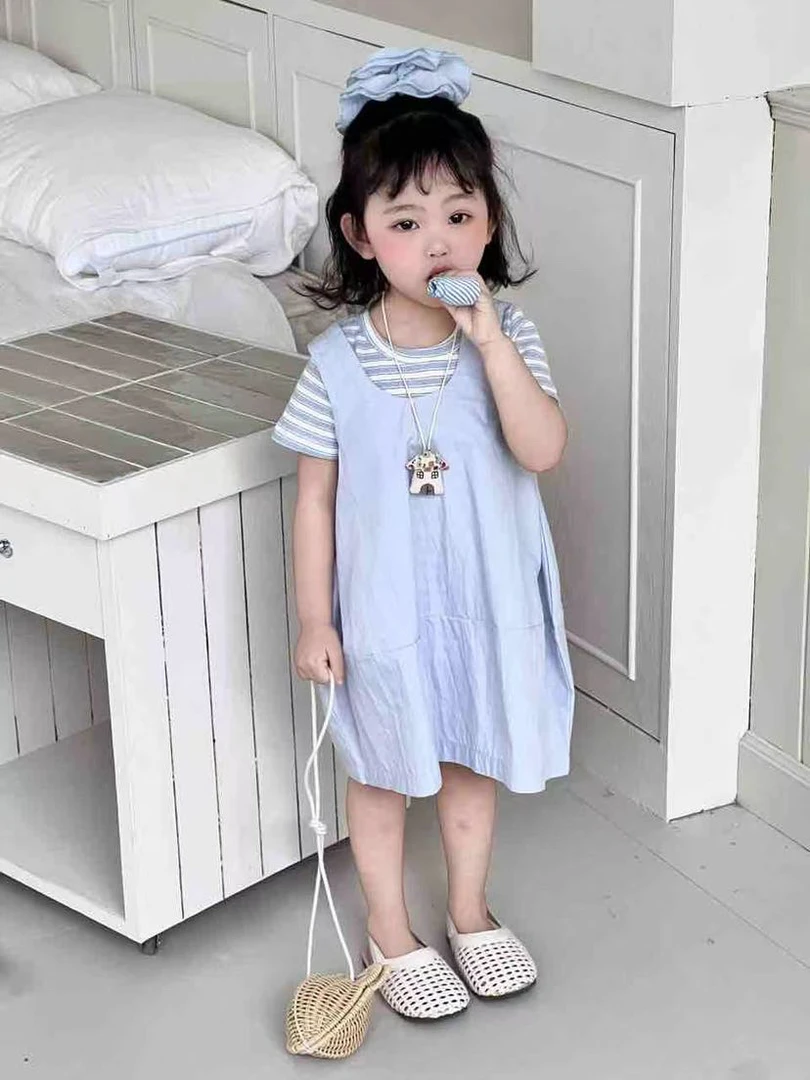 中性纯色套头薄款女夏季休闲套装小童女童裙子拼接衬衫公主