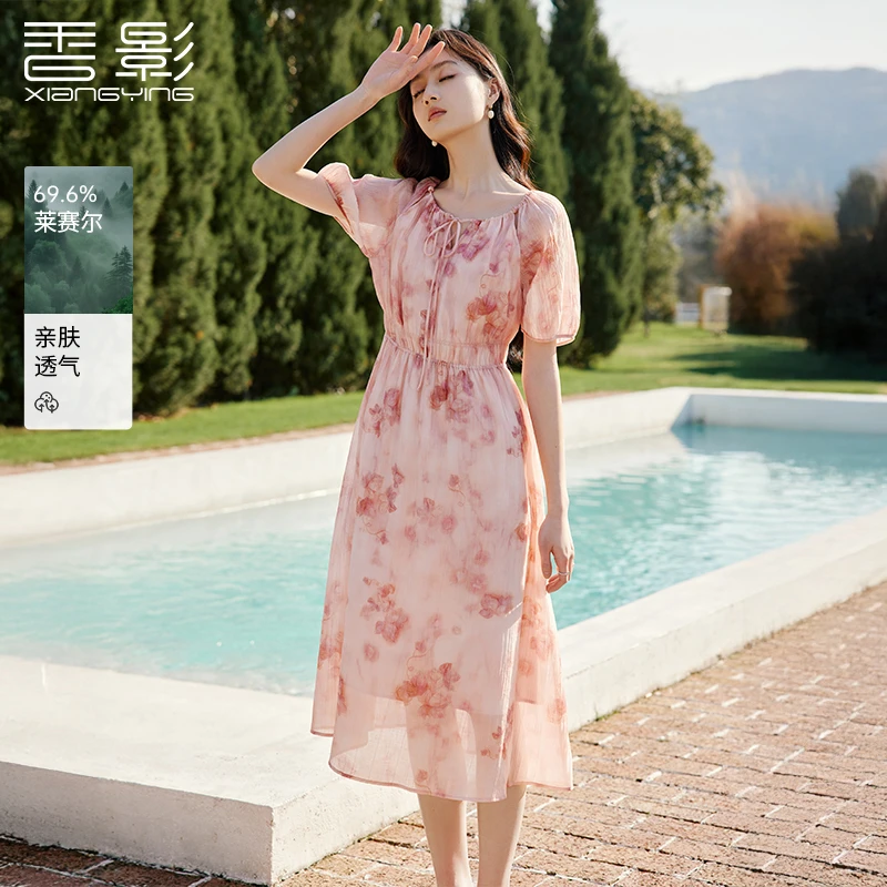 L65S563连衣裙 香影法式印花连衣裙女夏季新款镂空串珠系带领裙子