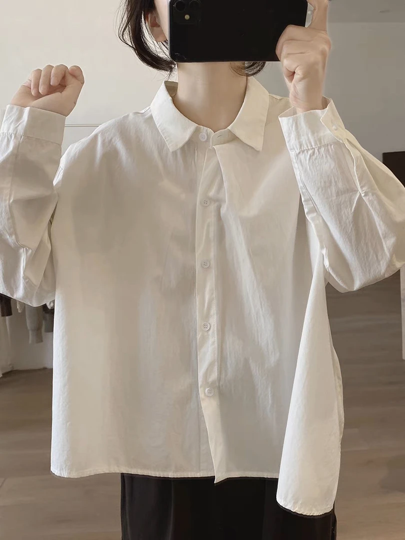 棉质衬衫女春秋季新款宽松大码显瘦简约小众设计感减龄基础款上衣