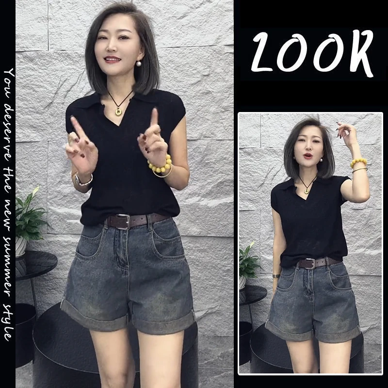 洋气炸街套装夏季海鸥领短袖上衣搭配牛仔短裤港味别致百搭两件套